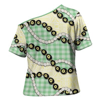 Green Palaka Hawaii Cross Shoulder Shirt Kukui Nut Pikake Lei Hawaiian Tapa Pattern LT14 - Polynesian Pride