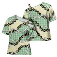 Green Palaka Hawaii Cross Shoulder Shirt Kukui Nut Pikake Lei Hawaiian Tapa Pattern LT14 - Polynesian Pride