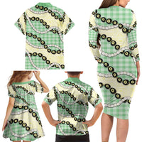 Green Palaka Hawaii Family Matching Long Sleeve Bodycon Dress and Hawaiian Shirt Kukui Nut Pikake Lei Hawaiian Tapa Pattern - Polynesian Pride