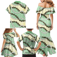 Green Palaka Hawaii Family Matching Mermaid Dress and Hawaiian Shirt Kukui Nut Pikake Lei Hawaiian Tapa Pattern - Polynesian Pride