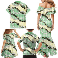 Green Palaka Hawaii Family Matching Mermaid Dress and Hawaiian Shirt Kukui Nut Pikake Lei Hawaiian Tapa Pattern - Polynesian Pride