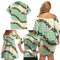 Green Palaka Hawaii Family Matching Off Shoulder Short Dress and Hawaiian Shirt Kukui Nut Pikake Lei Hawaiian Tapa Pattern - Polynesian Pride
