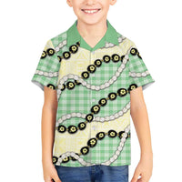 Green Palaka Hawaii Family Matching Off Shoulder Short Dress and Hawaiian Shirt Kukui Nut Pikake Lei Hawaiian Tapa Pattern - Polynesian Pride