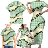 Green Palaka Hawaii Family Matching Short Sleeve Bodycon Dress and Hawaiian Shirt Kukui Nut Pikake Lei Hawaiian Tapa Pattern - Polynesian Pride