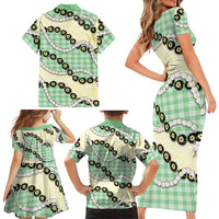 Green Palaka Hawaii Family Matching Short Sleeve Bodycon Dress and Hawaiian Shirt Kukui Nut Pikake Lei Hawaiian Tapa Pattern - Polynesian Pride