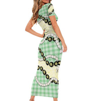 Green Palaka Hawaii Family Matching Short Sleeve Bodycon Dress and Hawaiian Shirt Kukui Nut Pikake Lei Hawaiian Tapa Pattern - Polynesian Pride
