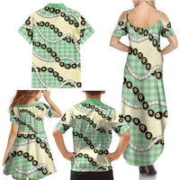 Green Palaka Hawaii Family Matching Summer Maxi Dress and Hawaiian Shirt Kukui Nut Pikake Lei Hawaiian Tapa Pattern - Polynesian Pride