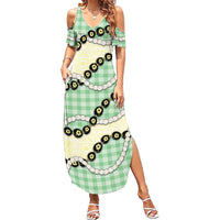 Green Palaka Hawaii Family Matching Summer Maxi Dress and Hawaiian Shirt Kukui Nut Pikake Lei Hawaiian Tapa Pattern - Polynesian Pride