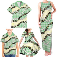 Green Palaka Hawaii Family Matching Tank Maxi Dress and Hawaiian Shirt Kukui Nut Pikake Lei Hawaiian Tapa Pattern - Polynesian Pride