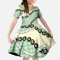 Green Palaka Hawaii Kid Short Sleeve Dress Kukui Nut Pikake Lei Hawaiian Tapa Pattern LT14 KID Green - Polynesian Pride
