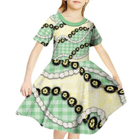 Green Palaka Hawaii Kid Short Sleeve Dress Kukui Nut Pikake Lei Hawaiian Tapa Pattern LT14 - Polynesian Pride