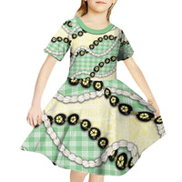 Green Palaka Hawaii Kid Short Sleeve Dress Kukui Nut Pikake Lei Hawaiian Tapa Pattern - Polynesian Pride
