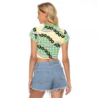 Green Palaka Hawaii Raglan Cropped T Shirt Kukui Nut Pikake Lei Hawaiian Tapa Pattern LT14 - Polynesian Pride