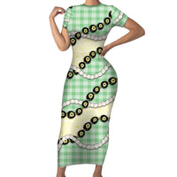 Green Palaka Hawaii Short Sleeve Bodycon Dress Kukui Nut Pikake Lei Hawaiian Tapa Pattern LT14 Long Dress Green - Polynesian Pride