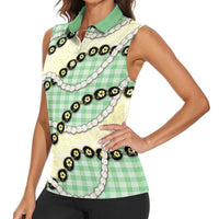 Green Palaka Hawaii Women Sleeveless Polo Shirt Kukui Nut Pikake Lei Hawaiian Tapa Pattern LT14 - Polynesian Pride