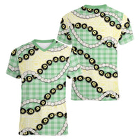Green Palaka Hawaii Women V-Neck T-Shirt Kukui Nut Pikake Lei Hawaiian Tapa Pattern LT14 - Polynesian Pride