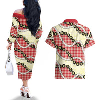Red Palaka Hawaii Couples Matching Off The Shoulder Long Sleeve Dress and Hawaiian Shirt Kukui Nut Pikake Lei Hawaiian Tapa Pattern - Polynesian Pride