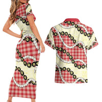 Red Palaka Hawaii Couples Matching Short Sleeve Bodycon Dress and Hawaiian Shirt Kukui Nut Pikake Lei Hawaiian Tapa Pattern - Polynesian Pride