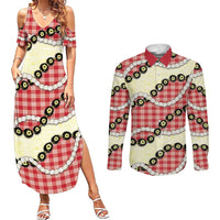 Red Palaka Hawaii Couples Matching Summer Maxi Dress and Long Sleeve Button Shirt Kukui Nut Pikake Lei Hawaiian Tapa Pattern LT14 Red - Polynesian Pride