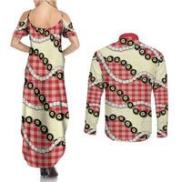 Red Palaka Hawaii Couples Matching Summer Maxi Dress and Long Sleeve Button Shirt Kukui Nut Pikake Lei Hawaiian Tapa Pattern LT14 - Polynesian Pride
