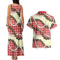 Red Palaka Hawaii Couples Matching Tank Maxi Dress and Hawaiian Shirt Kukui Nut Pikake Lei Hawaiian Tapa Pattern LT14 - Polynesian Pride