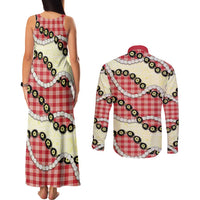 Red Palaka Hawaii Couples Matching Tank Maxi Dress and Long Sleeve Button Shirt Kukui Nut Pikake Lei Hawaiian Tapa Pattern - Polynesian Pride