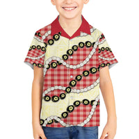 Red Palaka Hawaii Family Matching Long Sleeve Bodycon Dress and Hawaiian Shirt Kukui Nut Pikake Lei Hawaiian Tapa Pattern - Polynesian Pride