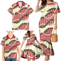 Red Palaka Hawaii Family Matching Mermaid Dress and Hawaiian Shirt Kukui Nut Pikake Lei Hawaiian Tapa Pattern - Polynesian Pride