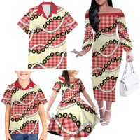 Red Palaka Hawaii Family Matching Off The Shoulder Long Sleeve Dress and Hawaiian Shirt Kukui Nut Pikake Lei Hawaiian Tapa Pattern - Polynesian Pride