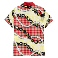 Red Palaka Hawaii Family Matching Off The Shoulder Long Sleeve Dress and Hawaiian Shirt Kukui Nut Pikake Lei Hawaiian Tapa Pattern - Polynesian Pride