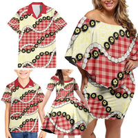 Red Palaka Hawaii Family Matching Off Shoulder Short Dress and Hawaiian Shirt Kukui Nut Pikake Lei Hawaiian Tapa Pattern - Polynesian Pride