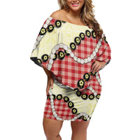 Red Palaka Hawaii Family Matching Off Shoulder Short Dress and Hawaiian Shirt Kukui Nut Pikake Lei Hawaiian Tapa Pattern - Polynesian Pride