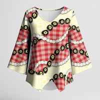 Red Palaka Hawaii Kimono Sleeve Blouse Kukui Nut Pikake Lei Hawaiian Tapa Pattern LT14 Female Red - Polynesian Pride