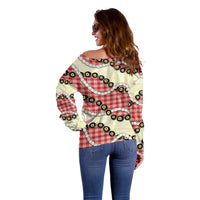 Red Palaka Hawaii Off Shoulder Sweater Kukui Nut Pikake Lei Hawaiian Tapa Pattern - Polynesian Pride