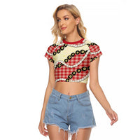 Red Palaka Hawaii Raglan Cropped T Shirt Kukui Nut Pikake Lei Hawaiian Tapa Pattern LT14 Female Red - Polynesian Pride