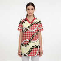 Red Palaka Hawaii Scrub Top Kukui Nut Pikake Lei Hawaiian Tapa Pattern LT14 - Polynesian Pride