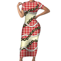 Red Palaka Hawaii Short Sleeve Bodycon Dress Kukui Nut Pikake Lei Hawaiian Tapa Pattern LT14 Long Dress Red - Polynesian Pride