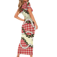 Red Palaka Hawaii Short Sleeve Bodycon Dress Kukui Nut Pikake Lei Hawaiian Tapa Pattern LT14 - Polynesian Pride