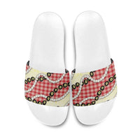 Red Palaka Hawaii Slide Sandals Kukui Nut Pikake Lei Hawaiian Tapa Pattern - Polynesian Pride