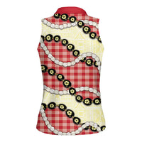 Red Palaka Hawaii Women Sleeveless Polo Shirt Kukui Nut Pikake Lei Hawaiian Tapa Pattern LT14 - Polynesian Pride