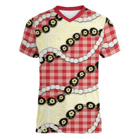 Red Palaka Hawaii Women V-Neck T-Shirt Kukui Nut Pikake Lei Hawaiian Tapa Pattern LT14 Female Red - Polynesian Pride