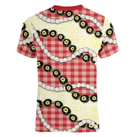 Red Palaka Hawaii Women V-Neck T-Shirt Kukui Nut Pikake Lei Hawaiian Tapa Pattern LT14 - Polynesian Pride