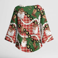 Cowboy Hawaii Mele Kalikimaka Kimono Sleeve Blouse Paniolo Kukui Nut Pikake Lei Red Version LT14 - Polynesian Pride