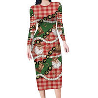 Cowboy Hawaii Mele Kalikimaka Long Sleeve Bodycon Dress Paniolo Kukui Nut Pikake Lei Red Version - Polynesian Pride