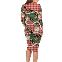 Cowboy Hawaii Mele Kalikimaka Long Sleeve Bodycon Dress Paniolo Kukui Nut Pikake Lei Red Version - Polynesian Pride