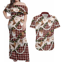 Cowboy Hawaii Mele Kalikimaka Couples Matching Off Shoulder Maxi Dress and Hawaiian Shirt Paniolo Kukui Nut Pikake Lei Burgundy Version - Polynesian Pride