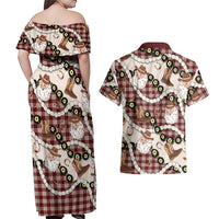 Cowboy Hawaii Mele Kalikimaka Couples Matching Off Shoulder Maxi Dress and Hawaiian Shirt Paniolo Kukui Nut Pikake Lei Burgundy Version - Polynesian Pride