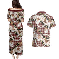 Cowboy Hawaii Mele Kalikimaka Couples Matching Puletasi and Hawaiian Shirt Paniolo Kukui Nut Pikake Lei Burgundy Version - Polynesian Pride