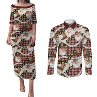 Cowboy Hawaii Mele Kalikimaka Couples Matching Puletasi and Long Sleeve Button Shirt Paniolo Kukui Nut Pikake Lei Burgundy Version - Polynesian Pride