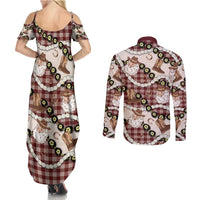 Cowboy Hawaii Mele Kalikimaka Couples Matching Summer Maxi Dress and Long Sleeve Button Shirt Paniolo Kukui Nut Pikake Lei Burgundy Version - Polynesian Pride